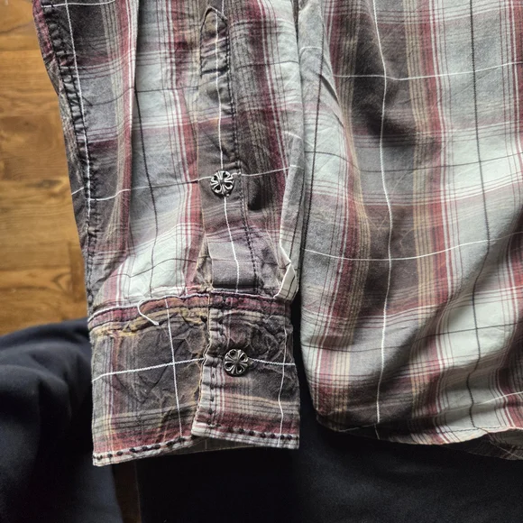 Affliction Mens Red and Black Long Sleeve Plaid Button Down Shirt - Picture 6 of 7